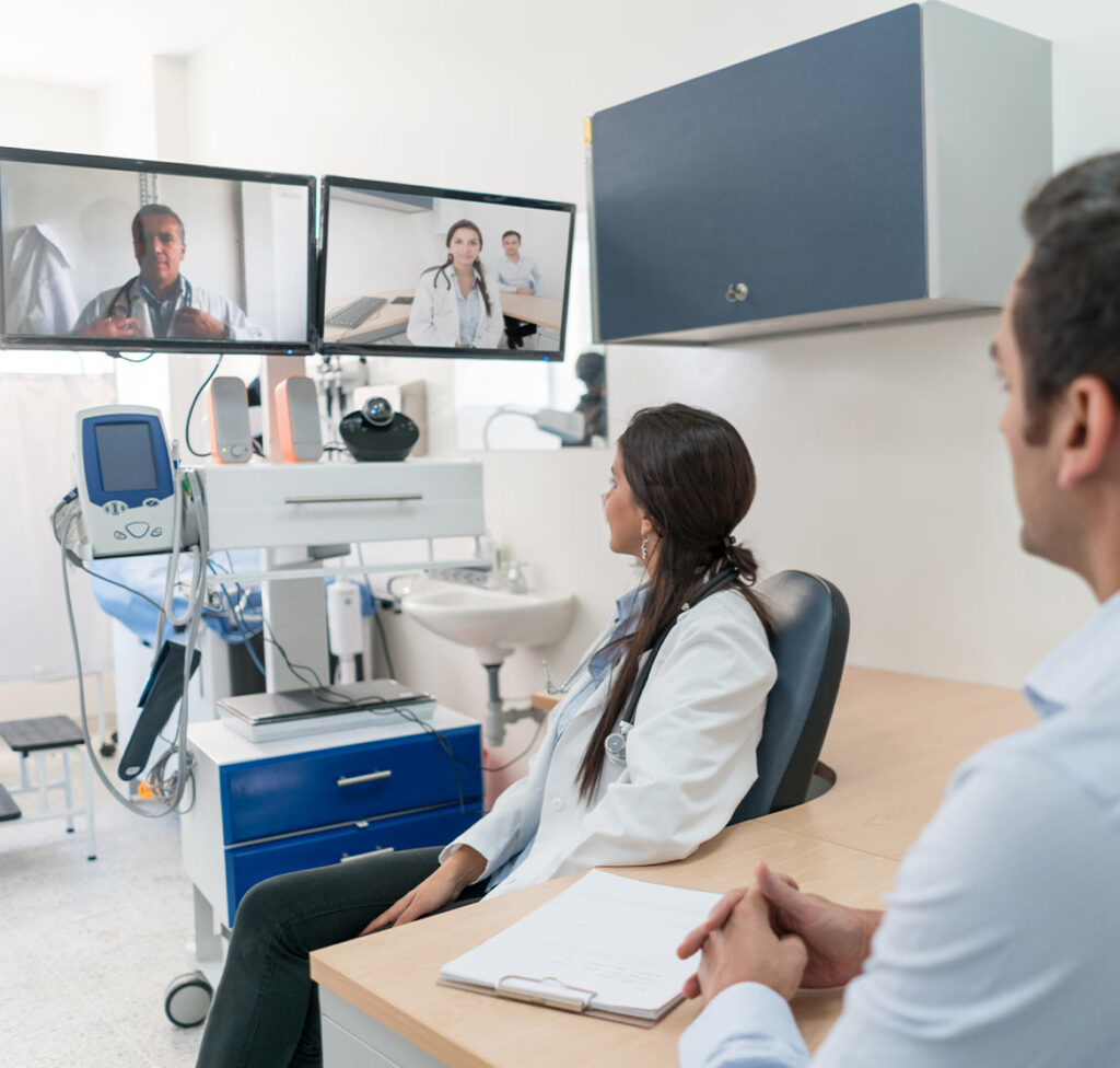 Health professionals engaged in a virtual meeting.