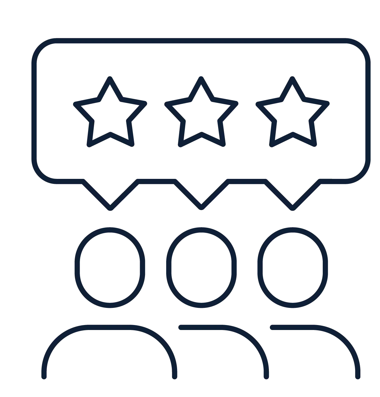 Outline icon of three people with a speech bubble above them containing three stars, representing reviews, feedback, or ratings.